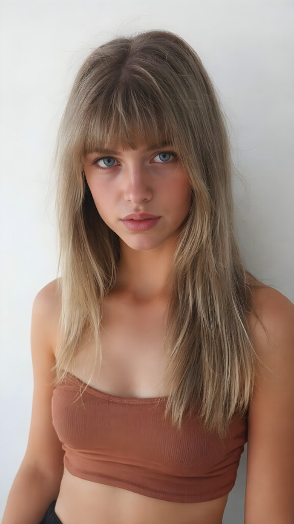 a detailed perfect photo, young cute tanned teen girl, she wears a ((short cropped tank top in brown)), perfect curved female body, she look at the viewer, detailed shiny straight long gold blond hair, bangs, blue eyes, round detailed face, short round black mini skirt, perfect belly button and tanned legs, she looks seductive