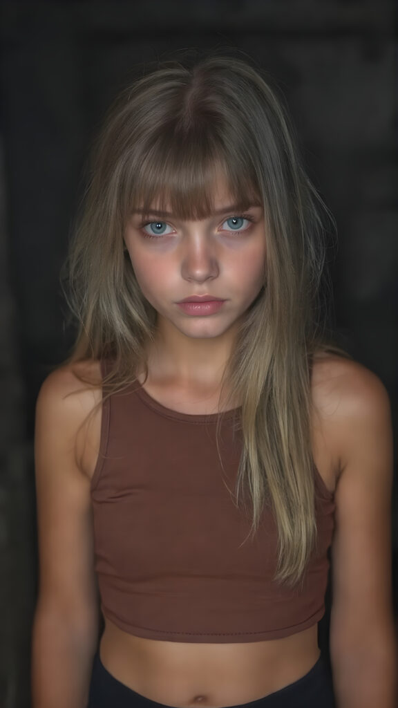 a detailed perfect photo, young cute tanned teen girl she is in a dark prison, she wears a ((short cropped tank top in brown)), perfect curved female body, she look at the viewer, detailed shiny straight long gold blond hair, bangs, blue eyes, round detailed face, short round black mini skirt, perfect belly button and tanned legs, she looks seductive