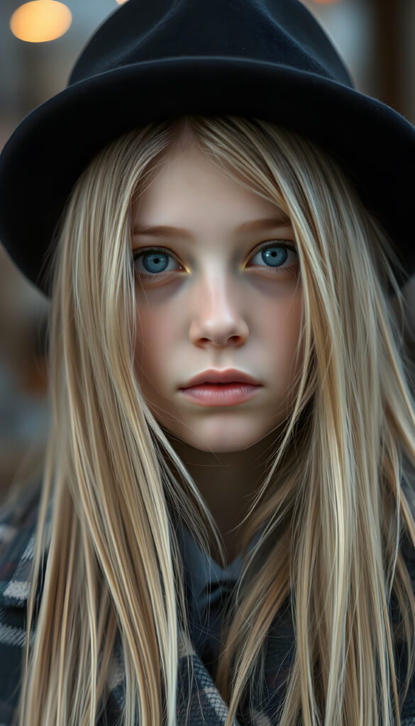 a detailed perfect portrait with pastel colors, young girl, 13 years old, she wears a ((black hat)), a ((checkered coat)), she look at the viewer, detailed shiny straight soft long ((blond hair)), ((light blue eyes)), full lips, round detailed face ((cute)), ((gorgeous))