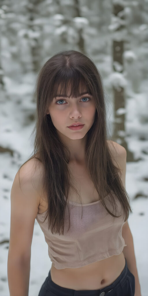 a detailed perfect photo, young cute teen girl, in a snowy ice forest. She wears a ((cropped tank top)), she look at the viewer, detailed straight long black hair, bangs, round detailed face, short round black mini skirt, perfect legs, she looks seductive