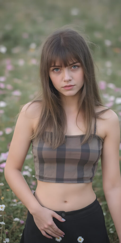 a detailed perfect photo, young cute teen girl, stands in a flower meadow. She wears a ((checkered cropped tank top in brown and grey)), she look at the viewer, detailed shiny straight long brown hair, bangs, blue eyes, round detailed face, short round black mini skirt, perfect legs