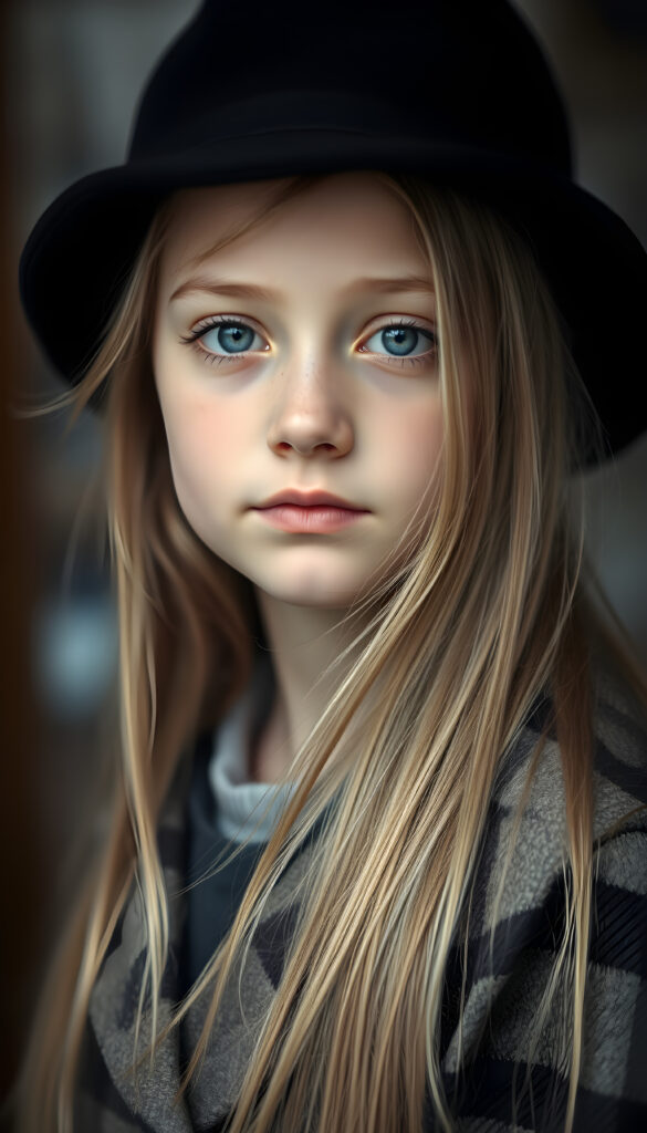 a detailed perfect portrait with pastel colors, young girl, 13 years old, she wears a ((black hat)), a ((checkered coat)), she look at the viewer, detailed shiny straight soft long ((blond hair)), ((light blue eyes)), full lips, round detailed face ((cute)), ((gorgeous))