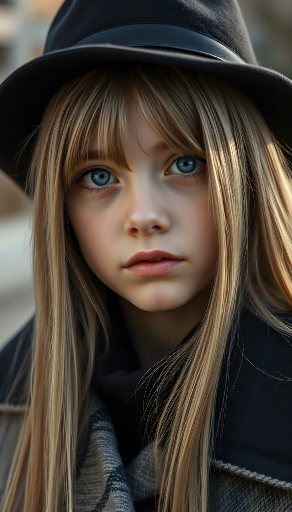 a detailed perfect portrait with pastel colors, young girl, 13 years old, she wears a ((black hat)), a ((checkered coat)), she look at the viewer, detailed shiny straight soft long ((blond hair)), ((light blue eyes)), full lips, round detailed face ((cute)), ((gorgeous))