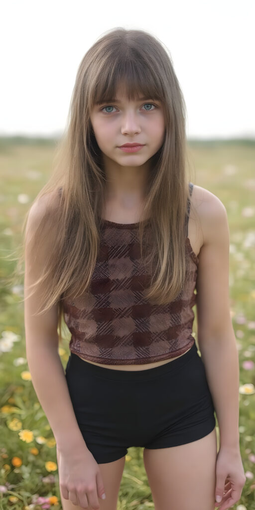a detailed perfect photo, young cute teen girl, stands in a flower meadow. She wears a ((checkered cropped tank top in brown and grey)), she look at the viewer, detailed shiny straight long brown hair, bangs, blue eyes, round detailed face, short round black mini skirt, perfect legs