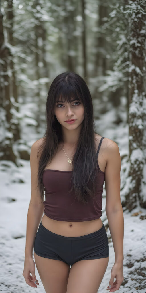 a detailed perfect photo, young cute teen girl, in a snowy ice forest. She wears a ((cropped tank top)), she look at the viewer, detailed straight long black hair, bangs, round detailed face, short round black mini skirt, perfect legs, she looks seductive
