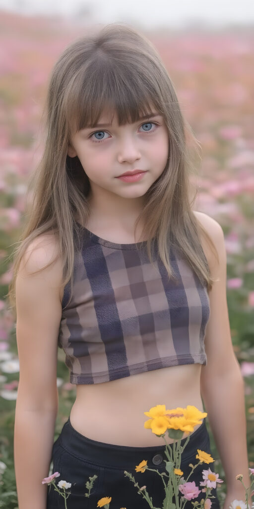 a detailed perfect photo, young cute teen girl, stands in a flower meadow. She wears a ((checkered cropped tank top in brown and grey)), she look at the viewer, detailed shiny straight long brown hair, bangs, blue eyes, round detailed face, short round black mini skirt, perfect legs