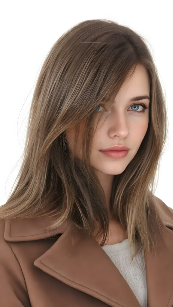 a detailed perfect alcohol ink hand drawing portrait with realistic colors, young cute tanned teenage girl, she wears a ((coat in brown)), she look at the viewer, detailed shiny straight brown hair, hazelnut eyes, seductive, round detailed face, ((all against a amber backdrop))