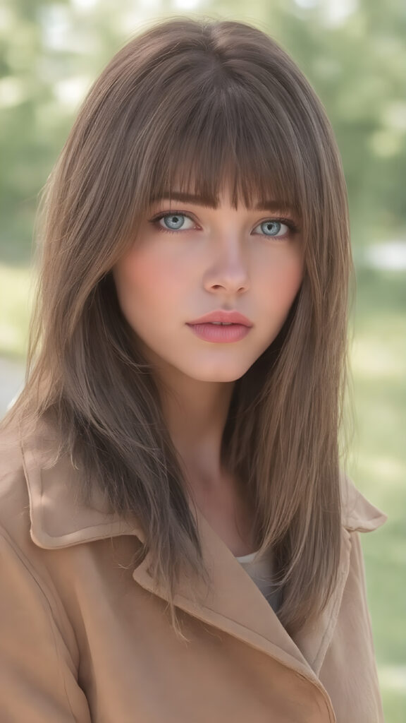 a detailed perfect hand drawing portrait with realistic colors, young cute teenage girl, she wears a ((coat in brown)), she look at the viewer, detailed straight brown super realistic hair, blue eyes, seductive, round detailed face, all against a sunny green natural backdrop