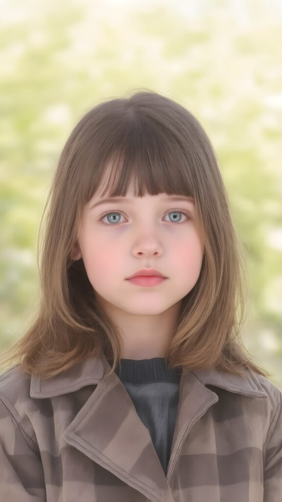 a detailed perfect hand drawing portrait with pastel colors, young cute girl, she wears a ((checkered coat in brown and grey)), she look at the viewer, detailed shiny straight brown hair, blue eyes, round detailed face, all against a sunny green natural backdrop