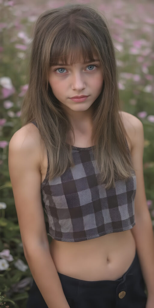 a detailed perfect photo, young cute teen girl, stands in a flower meadow. She wears a ((checkered cropped tank top in brown and grey)), she look at the viewer, detailed shiny straight long brown hair, bangs, blue eyes, round detailed face, short round black mini skirt, perfect legs