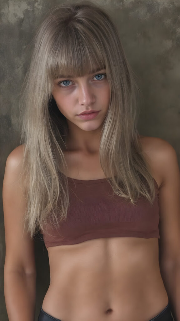a detailed perfect photo, young cute tanned teen girl, she wears a ((short cropped tank top in brown)), perfect curved female body, she look at the viewer, detailed shiny straight long gold blond hair, bangs, blue eyes, round detailed face, short round black mini skirt, perfect belly button and tanned legs, she looks seductive