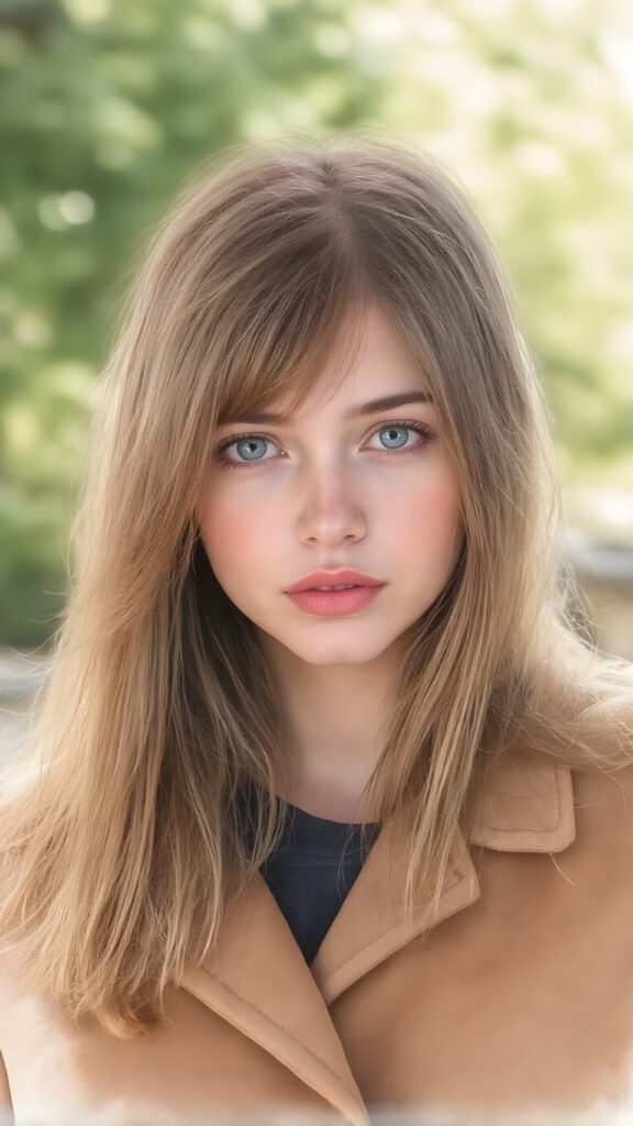 a detailed perfect hand drawing portrait with realistic colors, young cute teenage girl, she wears a ((coat in brown)), she look at the viewer, detailed straight brown super realistic hair, blue eyes, seductive, round detailed face, all against a sunny green natural backdrop
