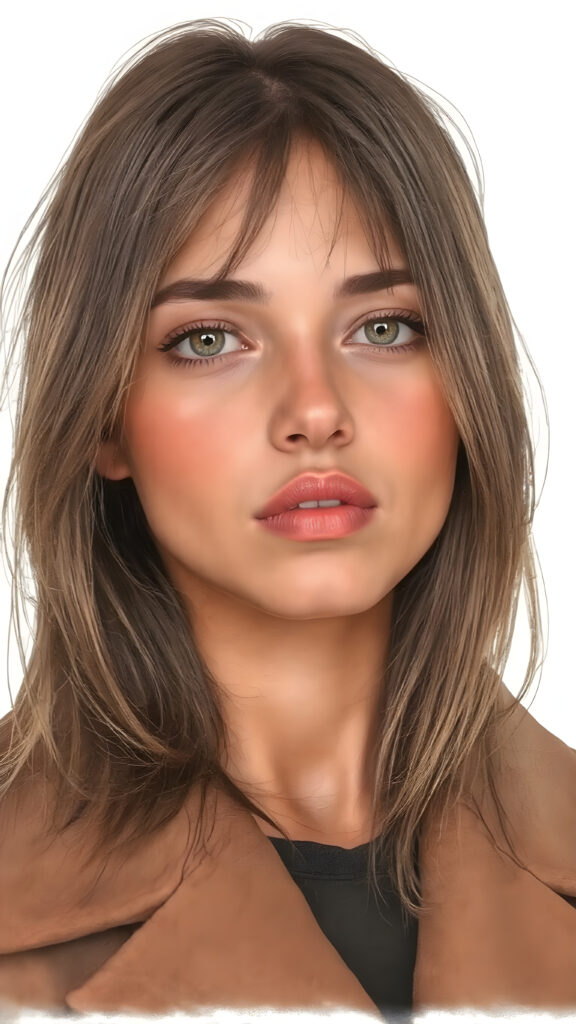 a detailed perfect alcohol ink hand drawing portrait with realistic colors, young cute tanned teenage girl, she wears a ((coat in brown)), she look at the viewer, detailed shiny straight brown hair, hazelnut eyes, seductive, round detailed face, ((all against a amber backdrop))