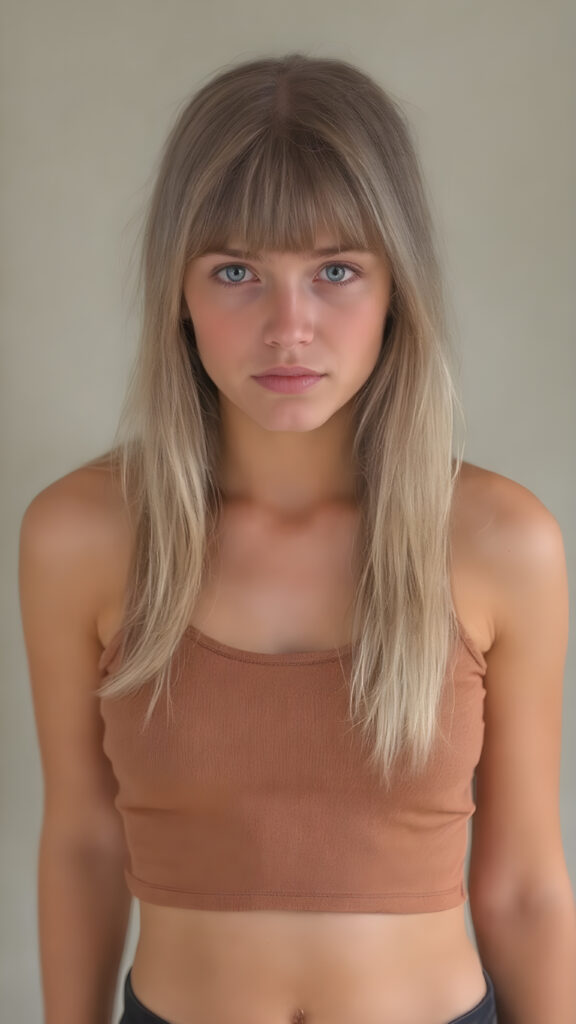 a detailed perfect photo, young cute tanned teen girl, she wears a ((short cropped tank top in brown)), perfect curved female body, she look at the viewer, detailed shiny straight long gold blond hair, bangs, blue eyes, round detailed face, short round black mini skirt, perfect belly button and tanned legs, she looks seductive