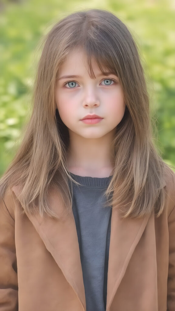 a detailed perfect hand drawing portrait with pastel colors, young cute girl, she wears a ((checkered coat in brown and grey)), she look at the viewer, detailed shiny straight brown hair, blue eyes, round detailed face, all against a sunny green natural backdrop