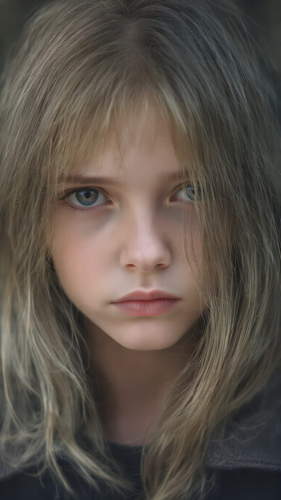 a detailed perfect portrait, young girl, 13 years old, she wears a ((coat)), she looks very sad at the viewer, detailed shiny ((straight soft long soft ash grey hair)), full lips, round detailed face ((cute)), ((gorgeous)), detailed amber eyes, cinematic