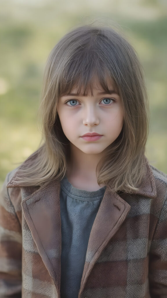 a detailed perfect portrait with pastel colors, young cute girl, stands in a sunny meadow. She wears a ((checkered coat in brown and grey)) and black shirt, she look at the viewer, detailed shiny straight brown hair, blue eyes, round detailed face