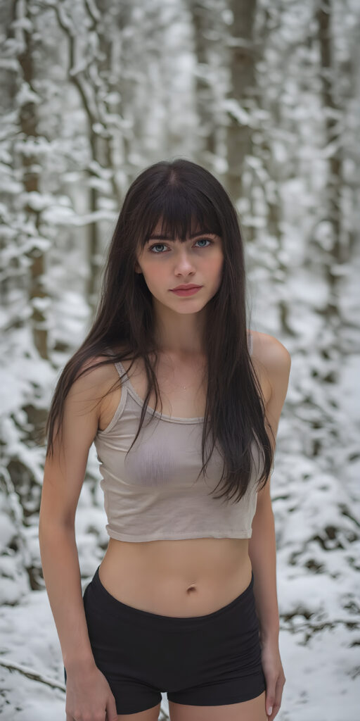 a detailed perfect photo, young cute teen girl, in a snowy ice forest. She wears a ((cropped tank top)), she look at the viewer, detailed straight long black hair, bangs, round detailed face, short round black mini skirt, perfect legs, she looks seductive