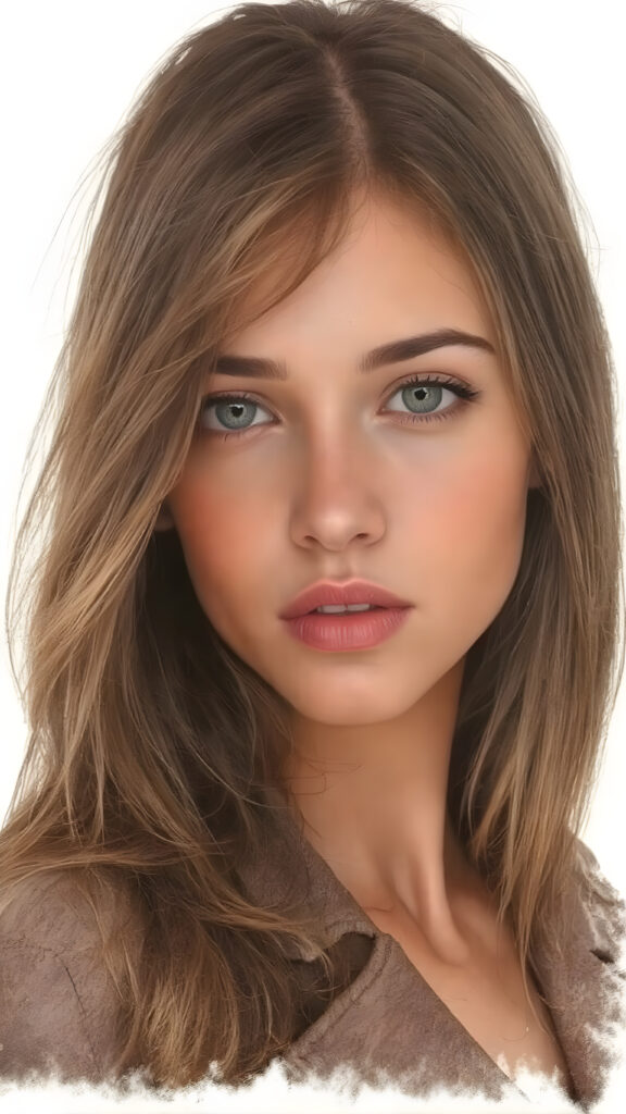 a detailed perfect alcohol ink hand drawing portrait with realistic colors, young cute tanned teenage girl, she wears a ((coat in brown)), she look at the viewer, detailed shiny straight brown hair, hazelnut eyes, seductive, round detailed face, ((all against a amber backdrop))