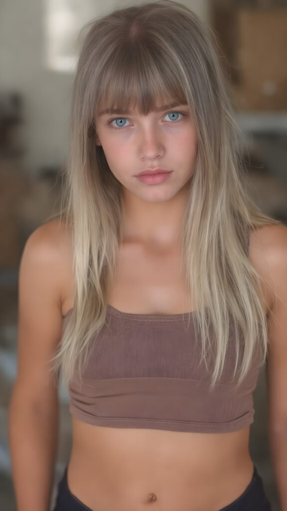 a detailed perfect photo, young cute tanned teen girl, she wears a ((short cropped tank top in brown)), perfect curved female body, she look at the viewer, detailed shiny straight long gold blond hair, bangs, blue eyes, round detailed face, short round black mini skirt, perfect belly button and tanned legs, she looks seductive