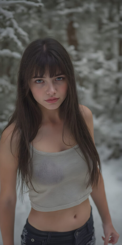 a detailed perfect photo, young cute teen girl, in a snowy ice forest. She wears a ((cropped tank top)), she look at the viewer, detailed straight long black hair, bangs, round detailed face, short round black mini skirt, perfect legs, she looks seductive