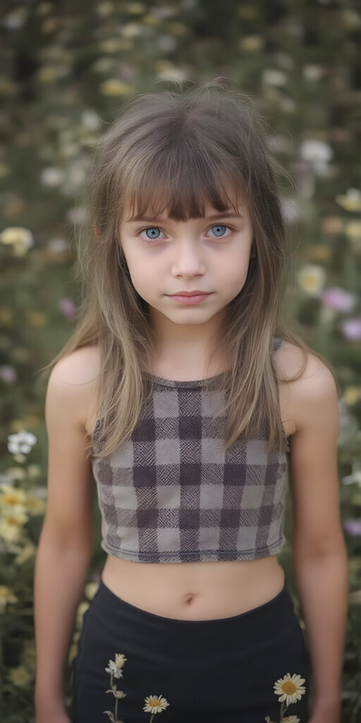 a detailed perfect photo, young cute teen girl, stands in a flower meadow. She wears a ((checkered cropped tank top in brown and grey)), she look at the viewer, detailed shiny straight long brown hair, bangs, blue eyes, round detailed face, short round black mini skirt, perfect legs
