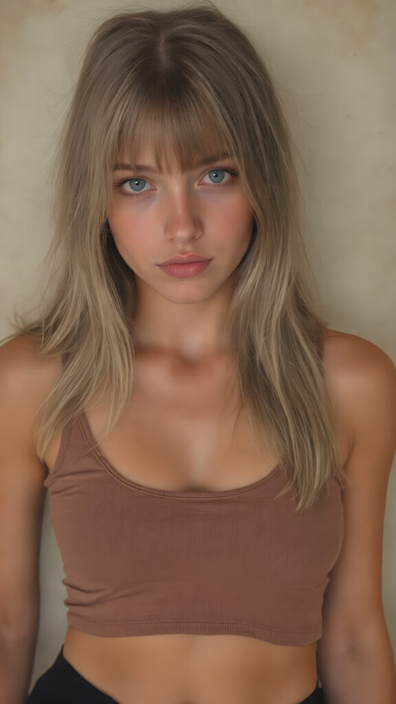 a detailed perfect photo, young cute tanned teen girl, she wears a ((short cropped tank top in brown)), perfect curved female body, she look at the viewer, detailed shiny straight long gold blond hair, bangs, blue eyes, round detailed face, short round black mini skirt, perfect belly button and tanned legs, she looks seductive