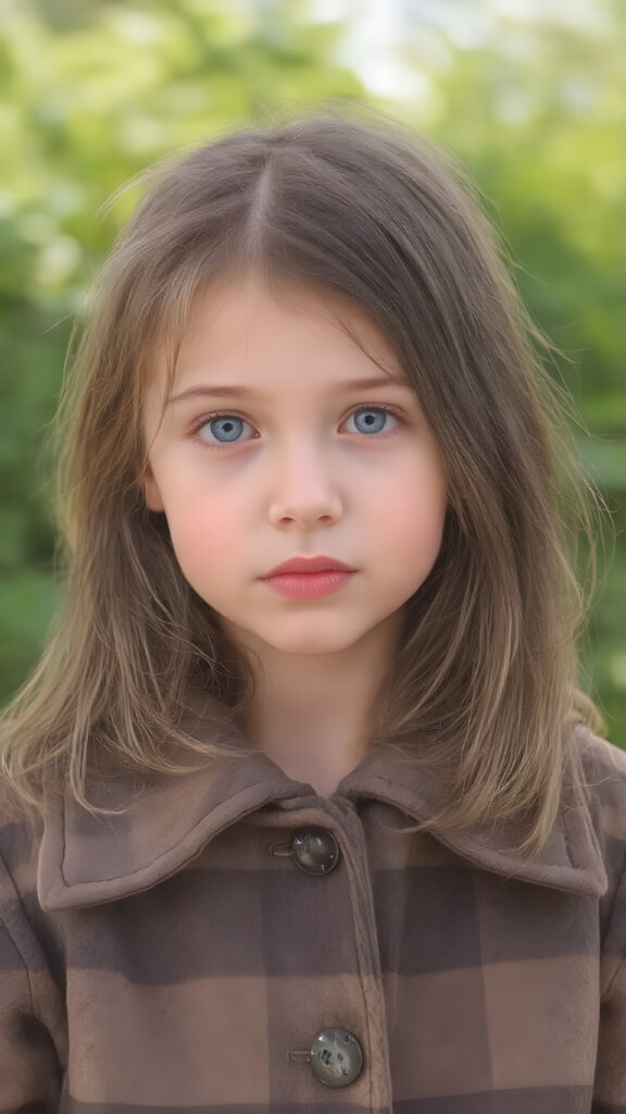 a detailed perfect hand drawing portrait with pastel colors, young cute girl, she wears a ((checkered coat in brown and grey)), she look at the viewer, detailed shiny straight brown hair, blue eyes, round detailed face, all against a sunny green natural backdrop