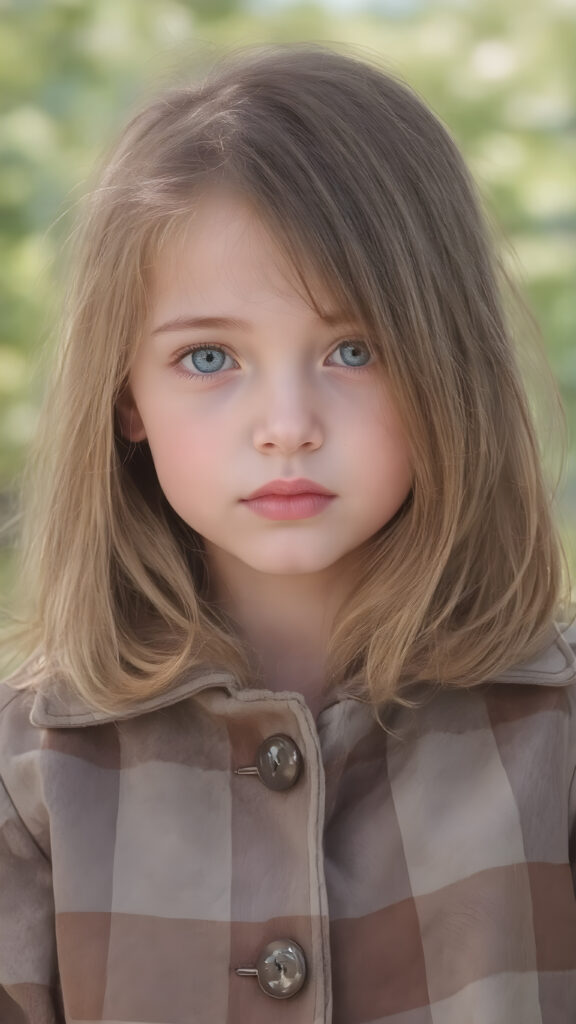 a detailed perfect hand drawing portrait with pastel colors, young cute girl, she wears a ((checkered coat in brown and grey)), she look at the viewer, detailed shiny straight brown hair, blue eyes, round detailed face, all against a sunny green natural backdrop