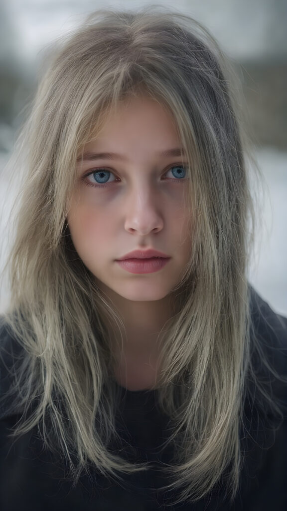 a detailed perfect portrait, young girl, 13 years old, she wears a ((coat)), she looks very sad at the viewer, detailed shiny ((straight soft long soft ash grey hair)), full lips, round detailed face ((cute)), ((gorgeous)), detailed amber eyes, cinematic