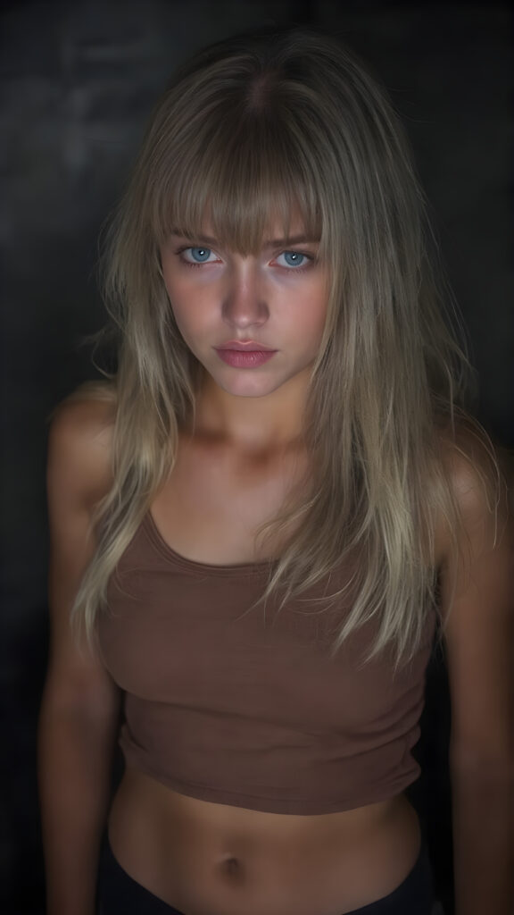 a detailed perfect photo, young cute tanned teen girl she is in a dark prison, she wears a ((short cropped tank top in brown)), perfect curved female body, she look at the viewer, detailed shiny straight long gold blond hair, bangs, blue eyes, round detailed face, short round black mini skirt, perfect belly button and tanned legs, she looks seductive