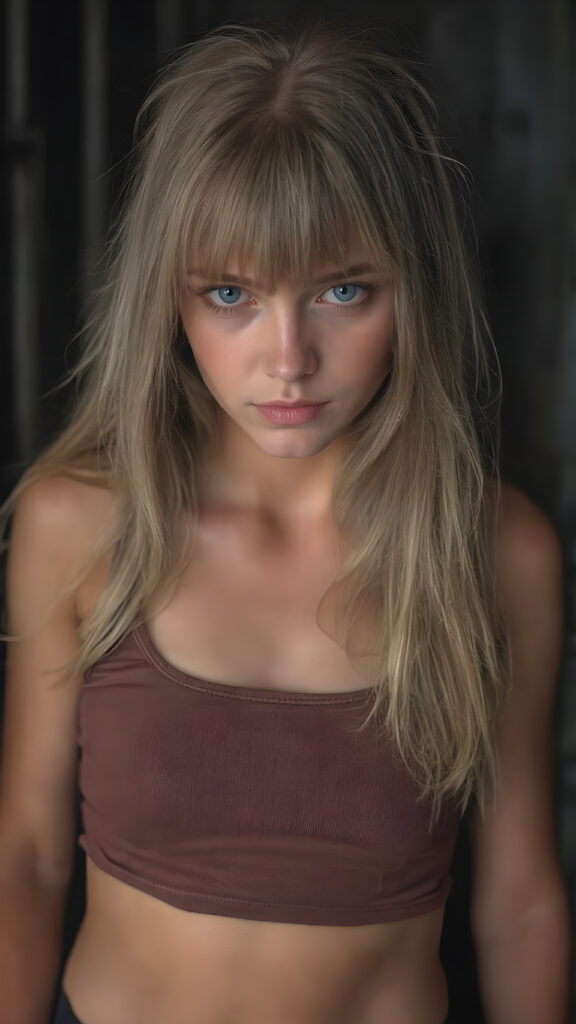 a detailed perfect photo, young cute tanned teen girl she is in a dark prison, she wears a ((short cropped tank top in brown)), perfect curved female body, she look at the viewer, detailed shiny straight long gold blond hair, bangs, blue eyes, round detailed face, short round black mini skirt, perfect belly button and tanned legs, she looks seductive