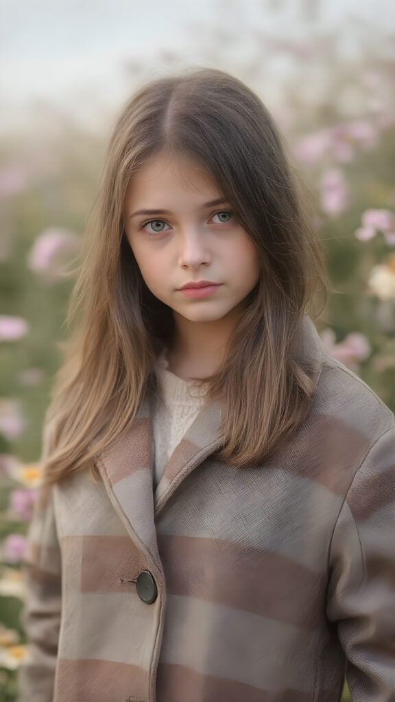 a detailed perfect portrait with pastel colors, young cute girl, stands in a sunny meadow. She wears a ((checkered coat in brown and grey)) and black shirt, she look at the viewer, detailed shiny straight brown hair, blue eyes, round detailed face