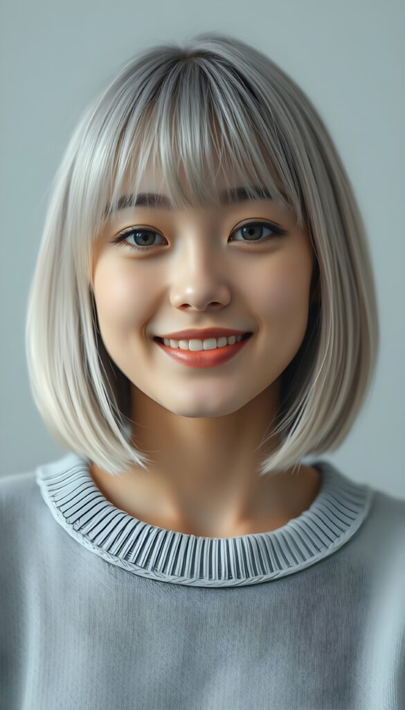 a detailed photo from a young happy woman, bob and bangs cut, straight hair, full lips, dark eyes, silver platinum hair. Cute. Stunning. Simple light grey sweater made of fine wool. Empty light grey dotted backdrop. Her hair cover her ears.