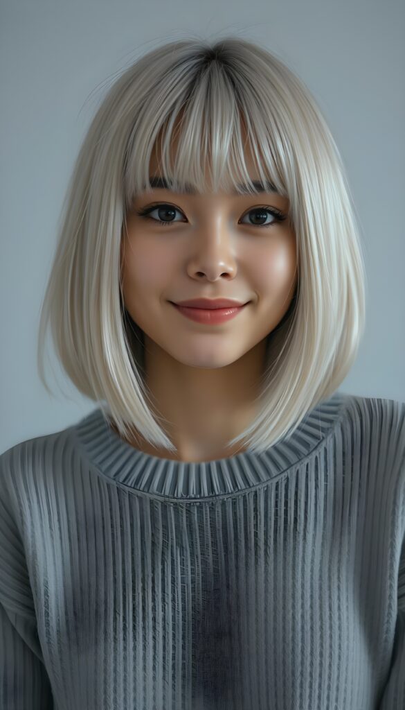 a detailed photo from a young happy woman, bob and bangs cut, straight hair, full lips, dark eyes, silver platinum hair. Cute. Stunning. Simple light grey sweater made of fine wool. Empty light grey dotted backdrop. Her hair cover her ears.