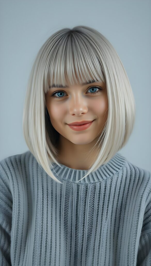 a detailed photo from a young happy woman, bob and bangs cut, straight hair, full lips, dark eyes, silver platinum hair. Cute. Stunning. Simple light grey sweater made of fine wool. Empty light grey dotted backdrop. Her hair cover her ears.