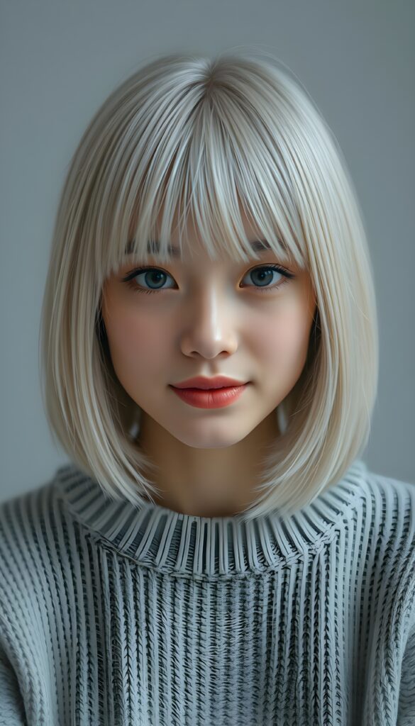 a detailed photo from a young happy woman, bob and bangs cut, straight hair, full lips, dark eyes, silver platinum hair. Cute. Stunning. Simple light grey sweater made of fine wool. Empty light grey dotted backdrop. Her hair cover her ears.