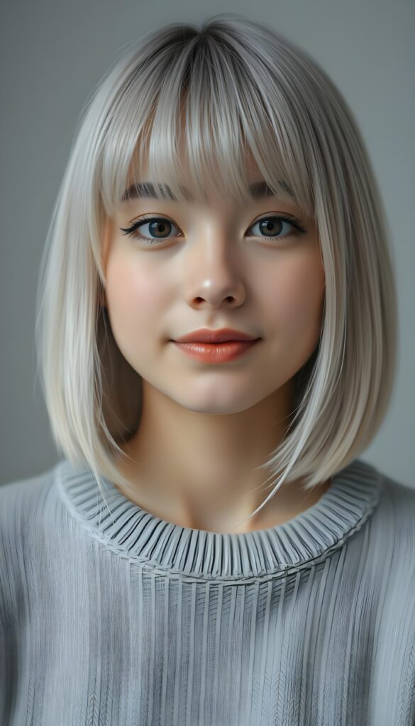 a detailed photo from a young happy woman, bob and bangs cut, straight hair, full lips, dark eyes, silver platinum hair. Cute. Stunning. Simple light grey sweater made of fine wool. Empty light grey dotted backdrop. Her hair cover her ears.