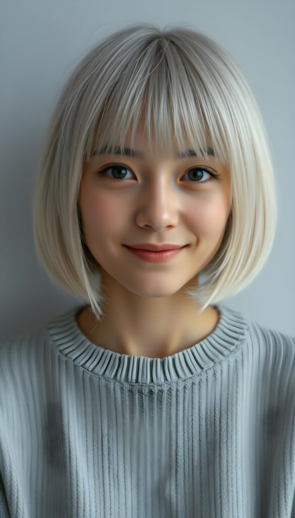 a detailed photo from a young happy woman, bob and bangs cut, straight hair, full lips, dark eyes, silver platinum hair. Cute. Stunning. Simple light grey sweater made of fine wool. Empty light grey dotted backdrop. Her hair cover her ears.