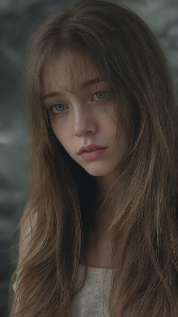 a detailed teen emo girl with luxuriously long, flowing chestnut hair cascading like silk, set against a strikingly detailed backdrop of swirling gray clouds and ethereal shadows. Tears glisten on her cheeks, capturing the light like droplets of rain, as her amber eyes, deep and expressive, reveal a haunting sadness that conveys the burden of unspoken stories. The scene is accentuated by delicate hints of vibrant crimson in her attire, dreamlike atmosphere.