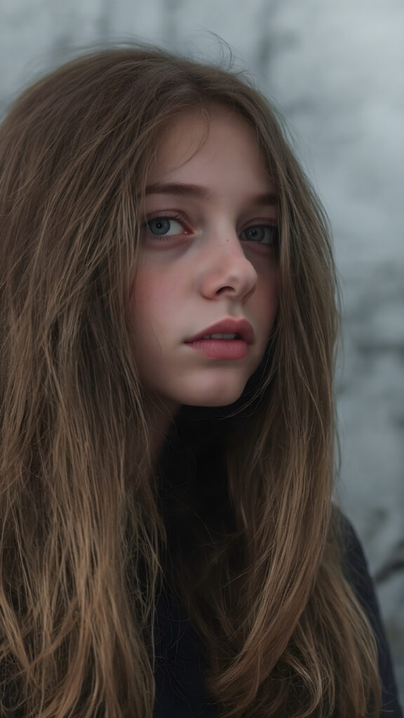 a detailed teen emo girl with luxuriously long, flowing chestnut hair cascading like silk, set against a strikingly detailed backdrop of swirling gray clouds and ethereal shadows. Tears glisten on her cheeks, capturing the light like droplets of rain, as her amber eyes, deep and expressive, reveal a haunting sadness that conveys the burden of unspoken stories. The scene is accentuated by delicate hints of vibrant crimson in her attire, dreamlike atmosphere.