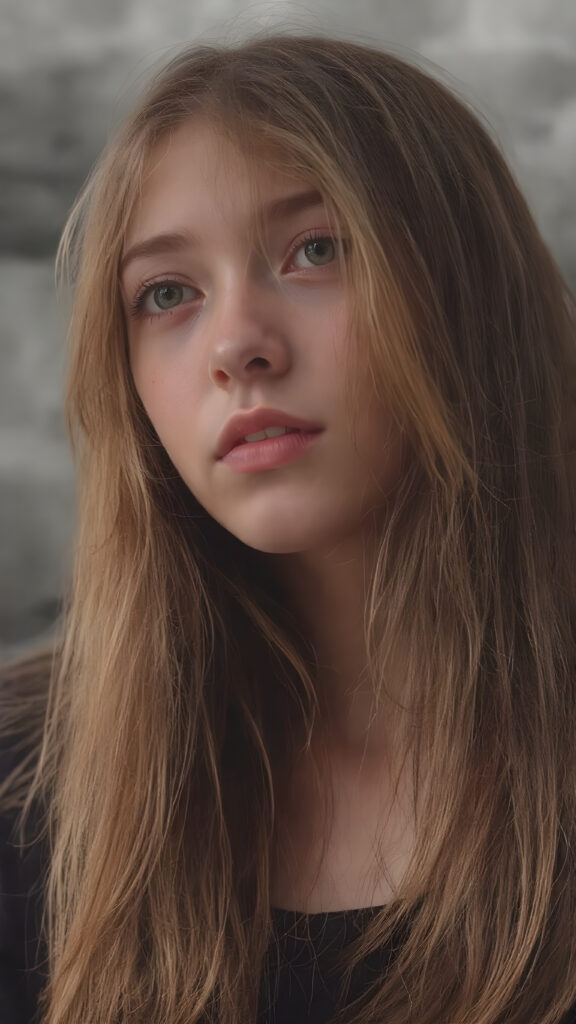 a detailed teen emo girl with luxuriously long, flowing chestnut hair cascading like silk, set against a strikingly detailed backdrop of swirling gray clouds and ethereal shadows. Tears glisten on her cheeks, capturing the light like droplets of rain, as her amber eyes, deep and expressive, reveal a haunting sadness that conveys the burden of unspoken stories. The scene is accentuated by delicate hints of vibrant crimson in her attire, dreamlike atmosphere.