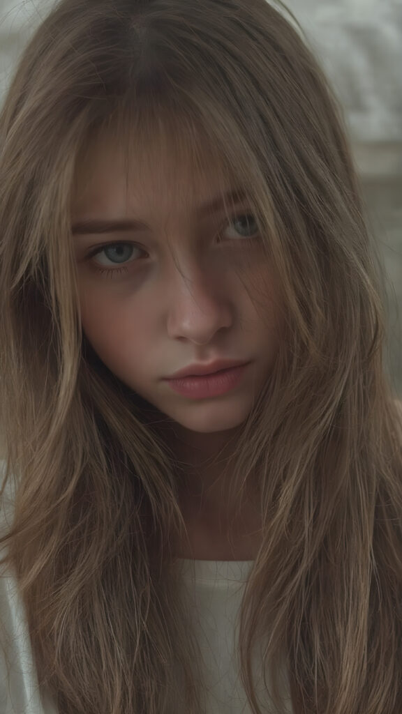 a detailed teen emo girl with luxuriously long, flowing chestnut hair cascading like silk, set against a strikingly detailed backdrop of swirling gray clouds and ethereal shadows. Tears glisten on her cheeks, capturing the light like droplets of rain, as her amber eyes, deep and expressive, reveal a haunting sadness that conveys the burden of unspoken stories. The scene is accentuated by delicate hints of vibrant crimson in her attire, dreamlike atmosphere.