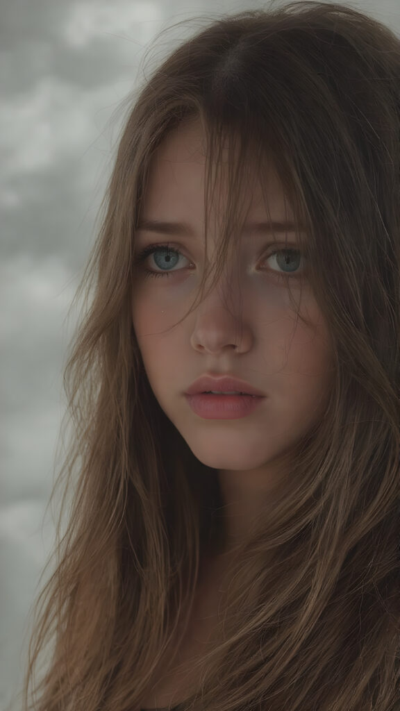 a detailed teen emo girl with luxuriously long, flowing chestnut hair cascading like silk, set against a strikingly detailed backdrop of swirling gray clouds and ethereal shadows. Tears glisten on her cheeks, capturing the light like droplets of rain, as her amber eyes, deep and expressive, reveal a haunting sadness that conveys the burden of unspoken stories. The scene is accentuated by delicate hints of vibrant crimson in her attire, dreamlike atmosphere.