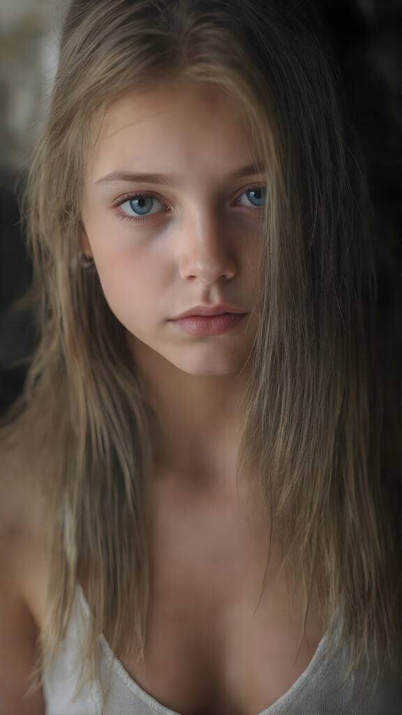 a (((digital full-body photograph))), capturing a (((young girl, perfect female body))), round face, full lips, with (((big, ocean-like eyes))) and (((a luxuriously long straight, brown and blond hair that cascades down in a mesmerizing wave))), accessorized with (((a sleek, thin, elegant white tank top, deep v-neck))), draped loosely over her shoulders, contrasting luxuriously against her elegant skin. The scene creates a (((beautiful play of light and shadow))), emphasizing intricate details and unique textures that make this image truly ((masterful artistry)), all against a heavy strong rain, wet hair