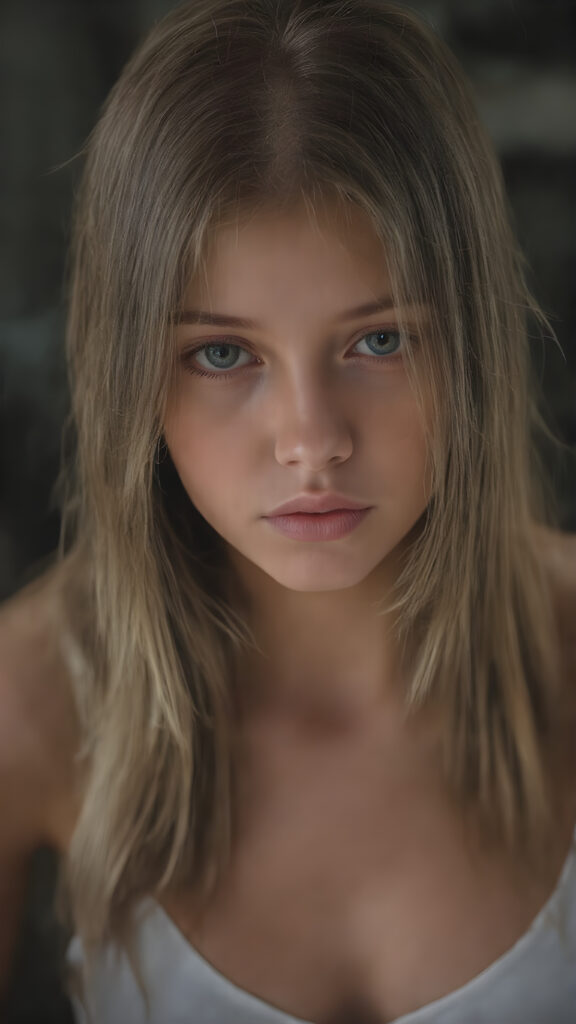 a (((digital full-body photograph))), capturing a (((young girl, perfect female body))), round face, full lips, with (((big, ocean-like eyes))) and (((a luxuriously long straight, brown and blond hair that cascades down in a mesmerizing wave))), accessorized with (((a sleek, thin, elegant white tank top, deep v-neck))), draped loosely over her shoulders, contrasting luxuriously against her elegant skin. The scene creates a (((beautiful play of light and shadow))), emphasizing intricate details and unique textures that make this image truly ((masterful artistry)), all against a heavy strong rain, wet hair