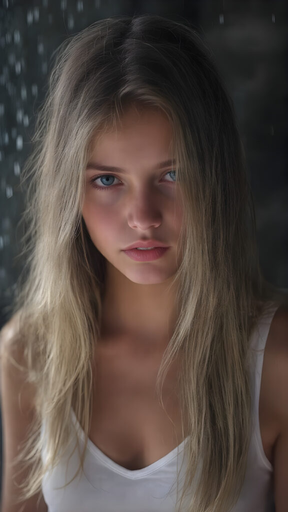 a (((digital full-body photograph))), capturing a (((young girl, perfect female body))), round face, full lips, with (((big, ocean-like eyes))) and (((a luxuriously long straight, brown and blond hair that cascades down in a mesmerizing wave))), accessorized with (((a sleek, thin, elegant white tank top, deep v-neck))), draped loosely over her shoulders, contrasting luxuriously against her elegant skin. The scene creates a (((beautiful play of light and shadow))), emphasizing intricate details and unique textures that make this image truly ((masterful artistry)), all against a heavy strong rain, wet hair