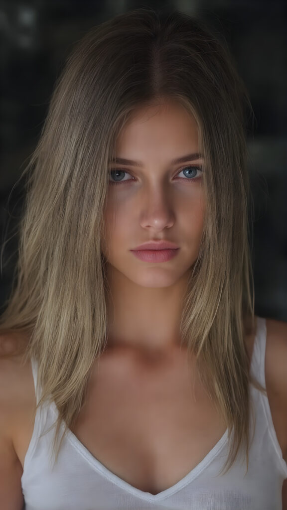 a (((digital full-body photograph))), capturing a (((young girl, perfect female body))), round face, full lips, with (((big, ocean-like eyes))) and (((a luxuriously long straight, brown and blond hair that cascades down in a mesmerizing wave))), accessorized with (((a sleek, thin, elegant white tank top, deep v-neck))), draped loosely over her shoulders, contrasting luxuriously against her elegant skin. The scene creates a (((beautiful play of light and shadow))), emphasizing intricate details and unique textures that make this image truly ((masterful artistry)), all against a heavy strong rain, wet hair