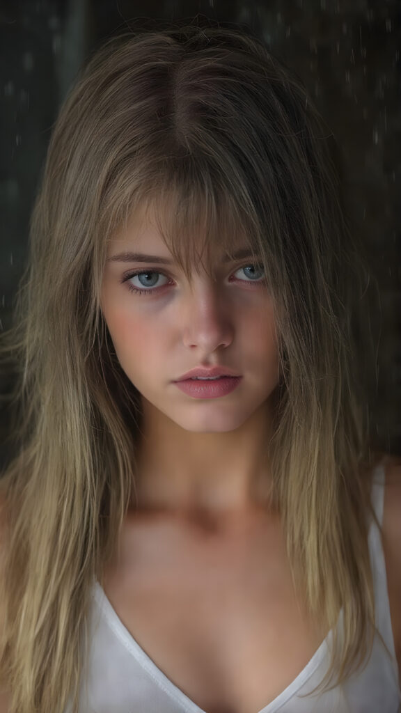a (((digital full-body photograph))), capturing a (((young girl, perfect female body))), round face, full lips, with (((big, ocean-like eyes))) and (((a luxuriously long straight, brown and blond hair that cascades down in a mesmerizing wave))), accessorized with (((a sleek, thin, elegant white tank top, deep v-neck))), draped loosely over her shoulders, contrasting luxuriously against her elegant skin. The scene creates a (((beautiful play of light and shadow))), emphasizing intricate details and unique textures that make this image truly ((masterful artistry)), all against a heavy strong rain, wet hair