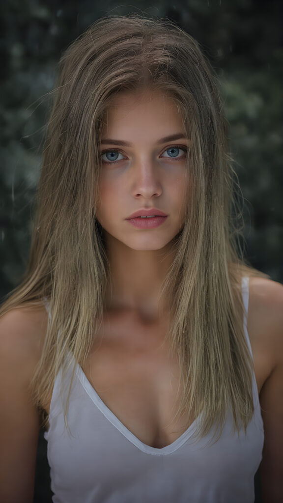 a (((digital full-body photograph))), capturing a (((young girl, perfect female body))), round face, full lips, with (((big, ocean-like eyes))) and (((a luxuriously long straight, brown and blond hair that cascades down in a mesmerizing wave))), accessorized with (((a sleek, thin, elegant white tank top, deep v-neck))), draped loosely over her shoulders, contrasting luxuriously against her elegant skin. The scene creates a (((beautiful play of light and shadow))), emphasizing intricate details and unique textures that make this image truly ((masterful artistry)), all against a heavy strong rain, wet hair